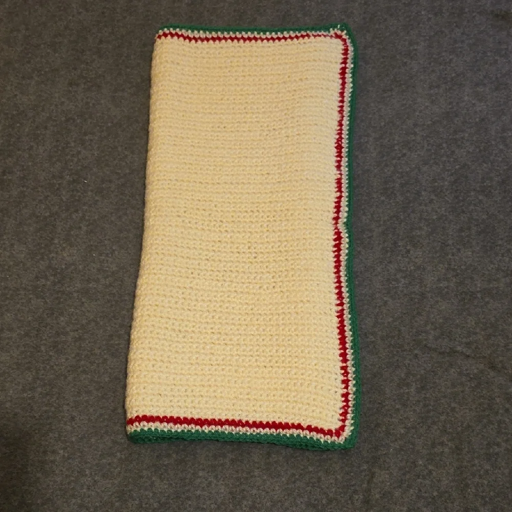 Handmade Cream Knit Lap Blanket with Christmas Red and Green Trim